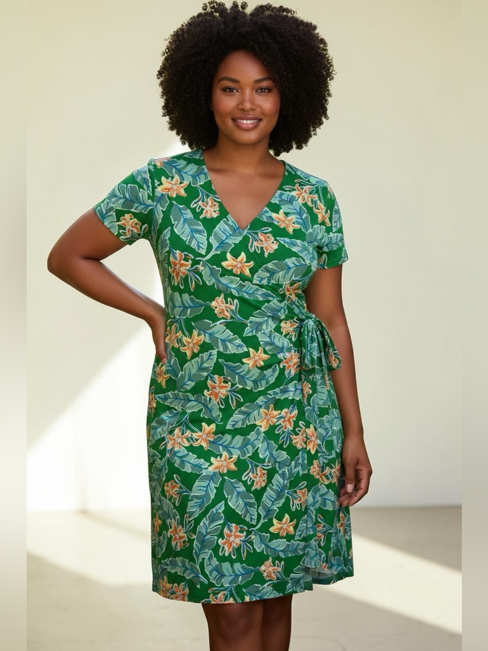 Lands' End Green Tropical Floral Short Sleeve Dress, Size LP
